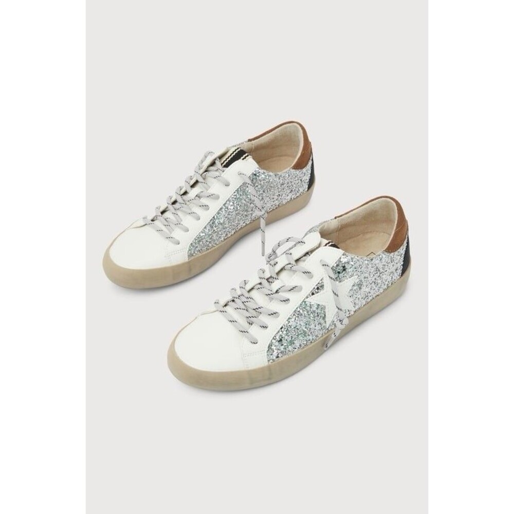 ShuShop PAULA White Star With Silver Glitter Sneakers Size 8 Brown Black Heel